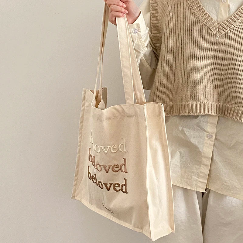 Women Canvas Shoulder Bag Beloved Embroidery Daily Shopping Bags Students Books Bag Thick Cotton Cloth Handbags Tote For Girls - MeLife GloBazzar