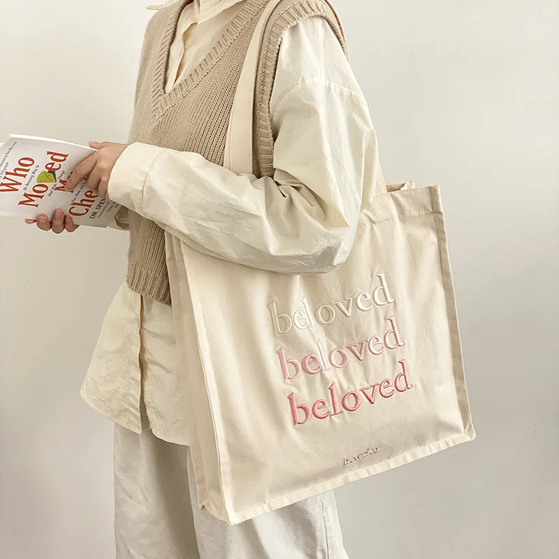 Women Canvas Shoulder Bag Beloved Embroidery Daily Shopping Bags Students Books Bag Thick Cotton Cloth Handbags Tote For Girls - MeLife GloBazzar