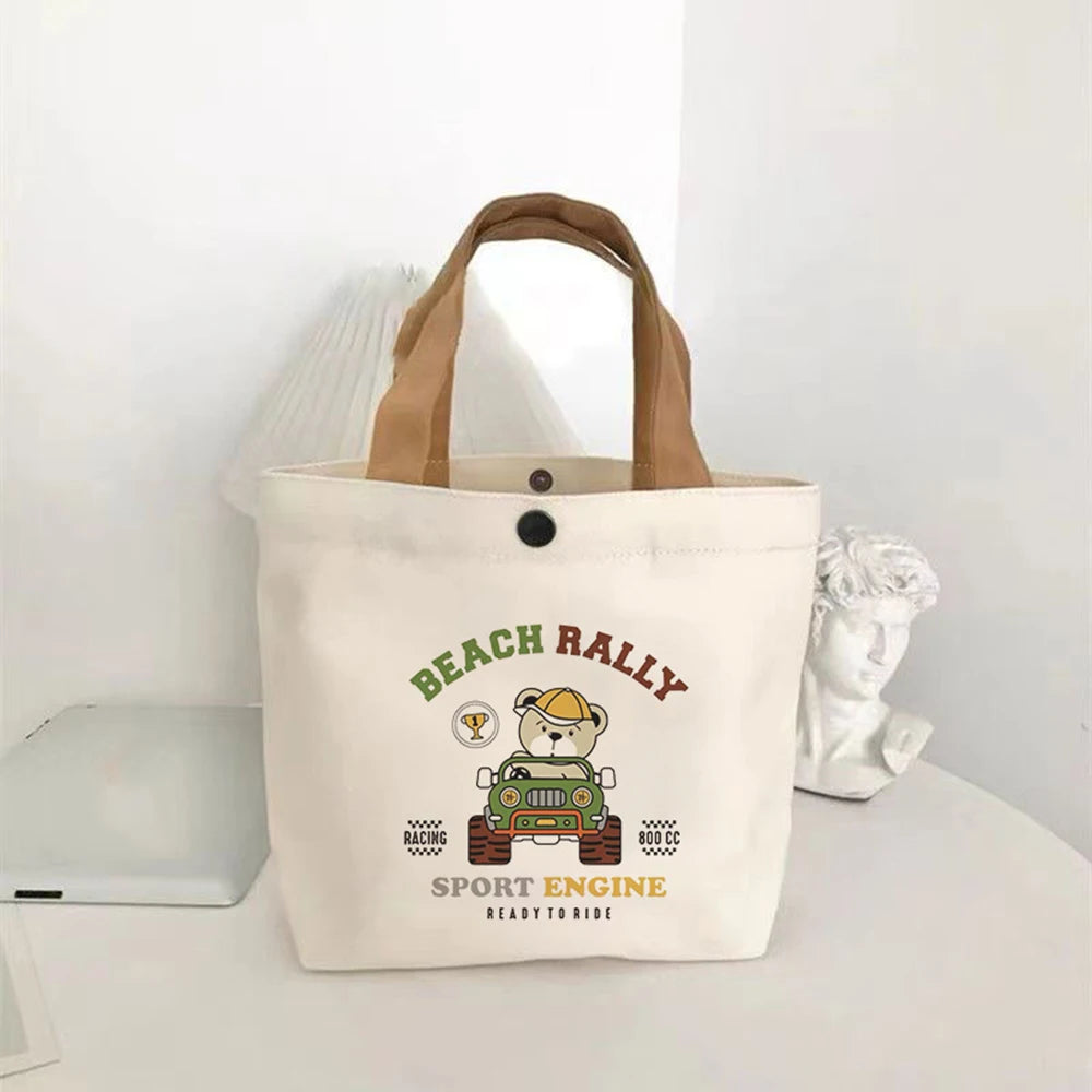Cute Bear Small Versatile Handbag Mini Canvas Bag Female Student Lunch Box Bag Simple Tote Bag Office Worker Lunch Bag - MeLife GloBazzar