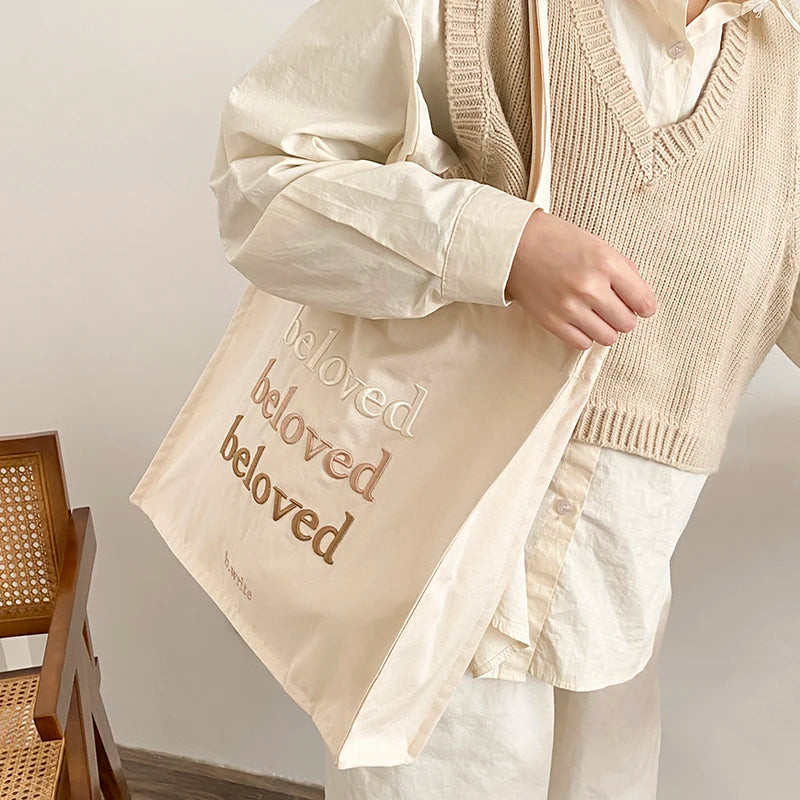 Women Canvas Shoulder Bag Beloved Embroidery Daily Shopping Bags Students Books Bag Thick Cotton Cloth Handbags Tote For Girls - MeLife GloBazzar