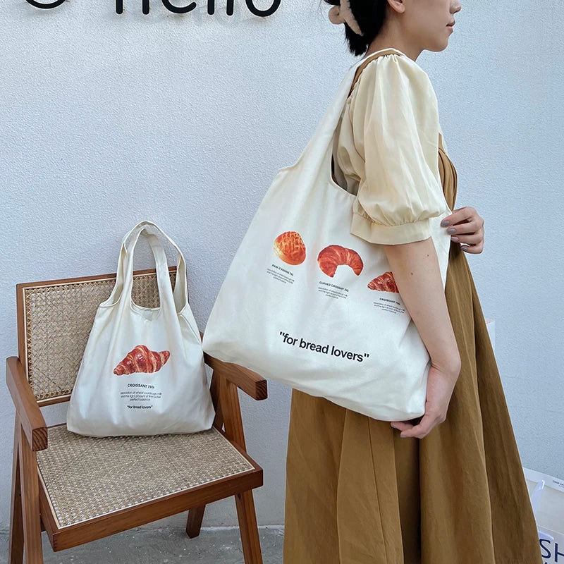 Women Canvas Shoulder Bag Bread Print Cotton Canvas Shoulder Bags Student Large Capacity Books Tote Lady Eco Cloth Handbag Purse - MeLife GloBazzar