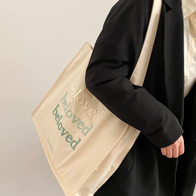 Women Canvas Shoulder Bag Beloved Embroidery Daily Shopping Bags Students Books Bag Thick Cotton Cloth Handbags Tote For Girls - MeLife GloBazzar
