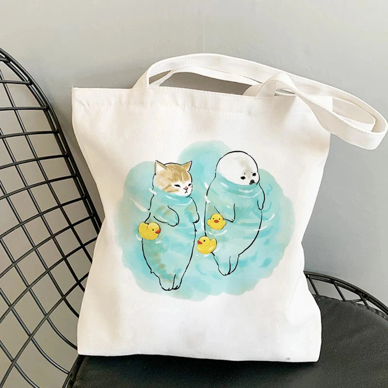 Kawaii Cats Cartoon Manga Tote Bag Beach Bag Shopper Bags Handbags Canvas Shoulder Bags Woman Shopping Bags High Capacity - MeLife GloBazzar