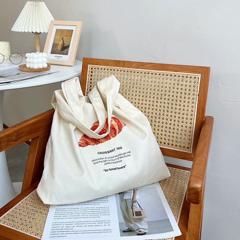 Women Canvas Shoulder Bag Bread Print Cotton Canvas Shoulder Bags Student Large Capacity Books Tote Lady Eco Cloth Handbag Purse - MeLife GloBazzar