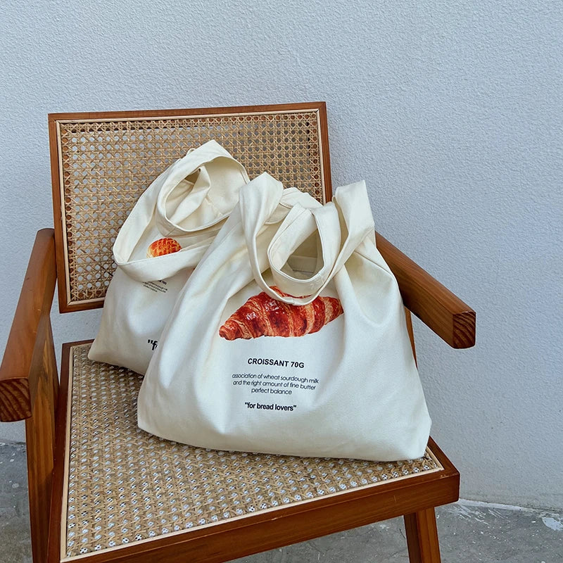 Women Canvas Shoulder Bag Bread Print Cotton Canvas Shoulder Bags Student Large Capacity Books Tote Lady Eco Cloth Handbag Purse - MeLife GloBazzar