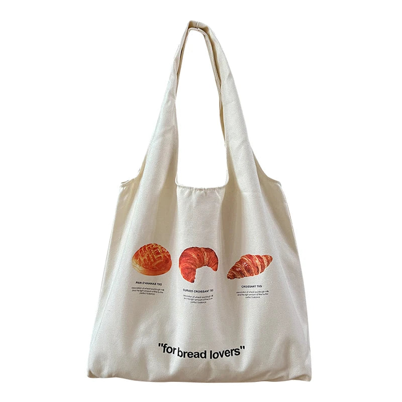Women Canvas Shoulder Bag Bread Print Cotton Canvas Shoulder Bags Student Large Capacity Books Tote Lady Eco Cloth Handbag Purse - MeLife GloBazzar