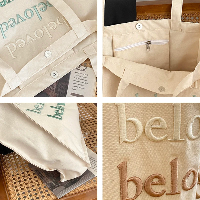 Women Canvas Shoulder Bag Beloved Embroidery Daily Shopping Bags Students Books Bag Thick Cotton Cloth Handbags Tote For Girls - MeLife GloBazzar