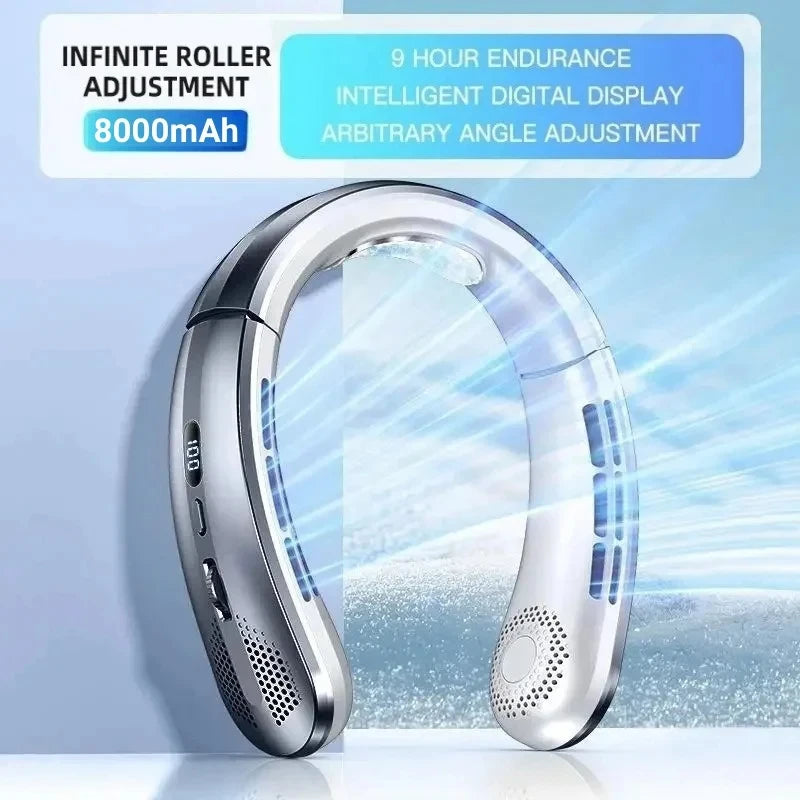 8000mAh USB Hanging Neck Fan Portable Bladeless Mini Rechargeable Mute LED Digital Display Electric Fans Air Cooler New - MeLife GloBazzar