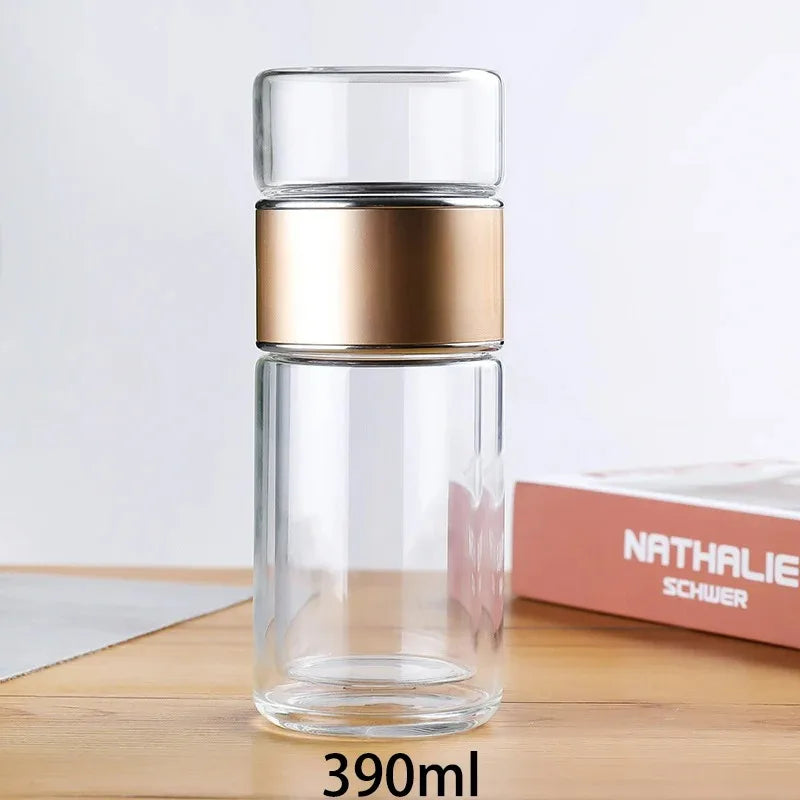 High Borosilicate Glass Double Layer 420ML Water Bottle with Cup Infuser Tumbler Drinkware with Tea Filter