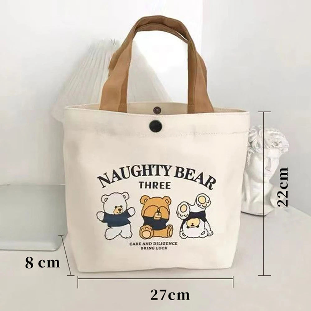 Cute Bear Small Versatile Handbag Mini Canvas Bag Female Student Lunch Box Bag Simple Tote Bag Office Worker Lunch Bag