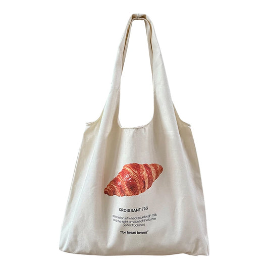 Women Canvas Shoulder Bag Bread Print Cotton Canvas Shoulder Bags Student Large Capacity Books Tote Lady Eco Cloth Handbag Purse - MeLife GloBazzar