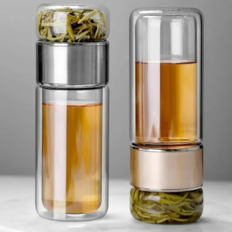 High Borosilicate Glass Double Layer 420ML Water Bottle with Cup Infuser Tumbler Drinkware with Tea Filter