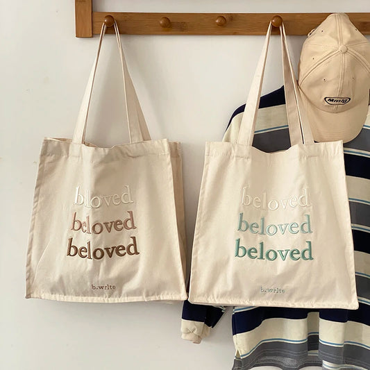 Women Canvas Shoulder Bag Beloved Embroidery Daily Shopping Bags Students Books Bag Thick Cotton Cloth Handbags Tote For Girls - MeLife GloBazzar