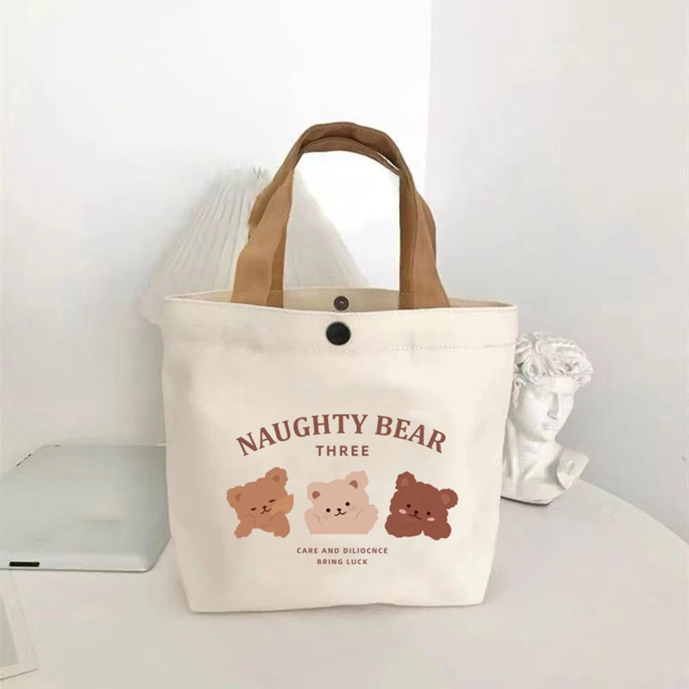 Cute Bear Small Versatile Handbag Mini Canvas Bag Female Student Lunch Box Bag Simple Tote Bag Office Worker Lunch Bag