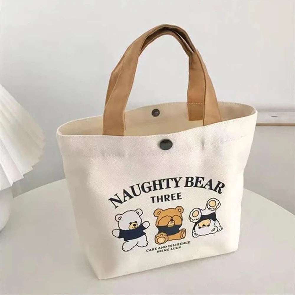 Cute Bear Small Versatile Handbag Mini Canvas Bag Female Student Lunch Box Bag Simple Tote Bag Office Worker Lunch Bag