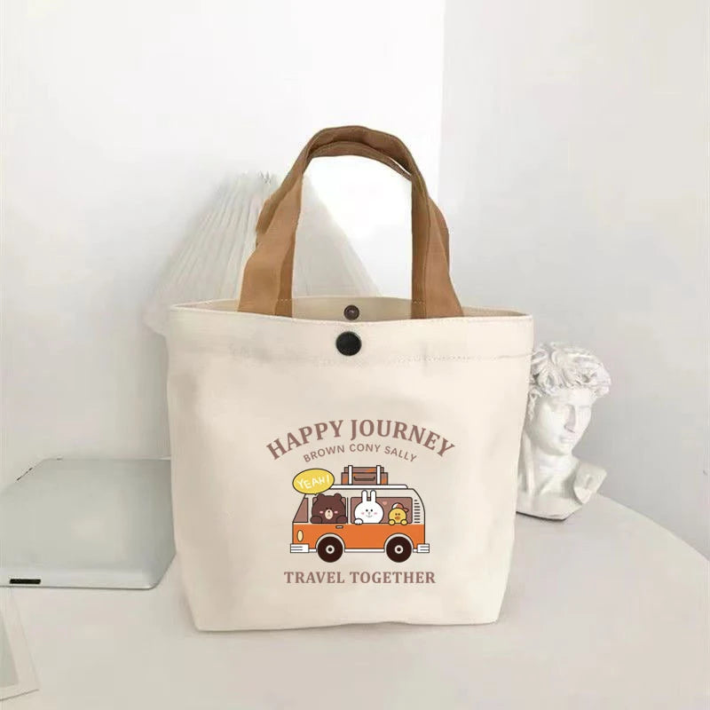 Cute Bear Small Versatile Handbag Mini Canvas Bag Female Student Lunch Box Bag Simple Tote Bag Office Worker Lunch Bag