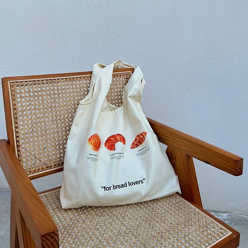 Women Canvas Shoulder Bag Bread Print Cotton Canvas Shoulder Bags Student Large Capacity Books Tote Lady Eco Cloth Handbag Purse - MeLife GloBazzar