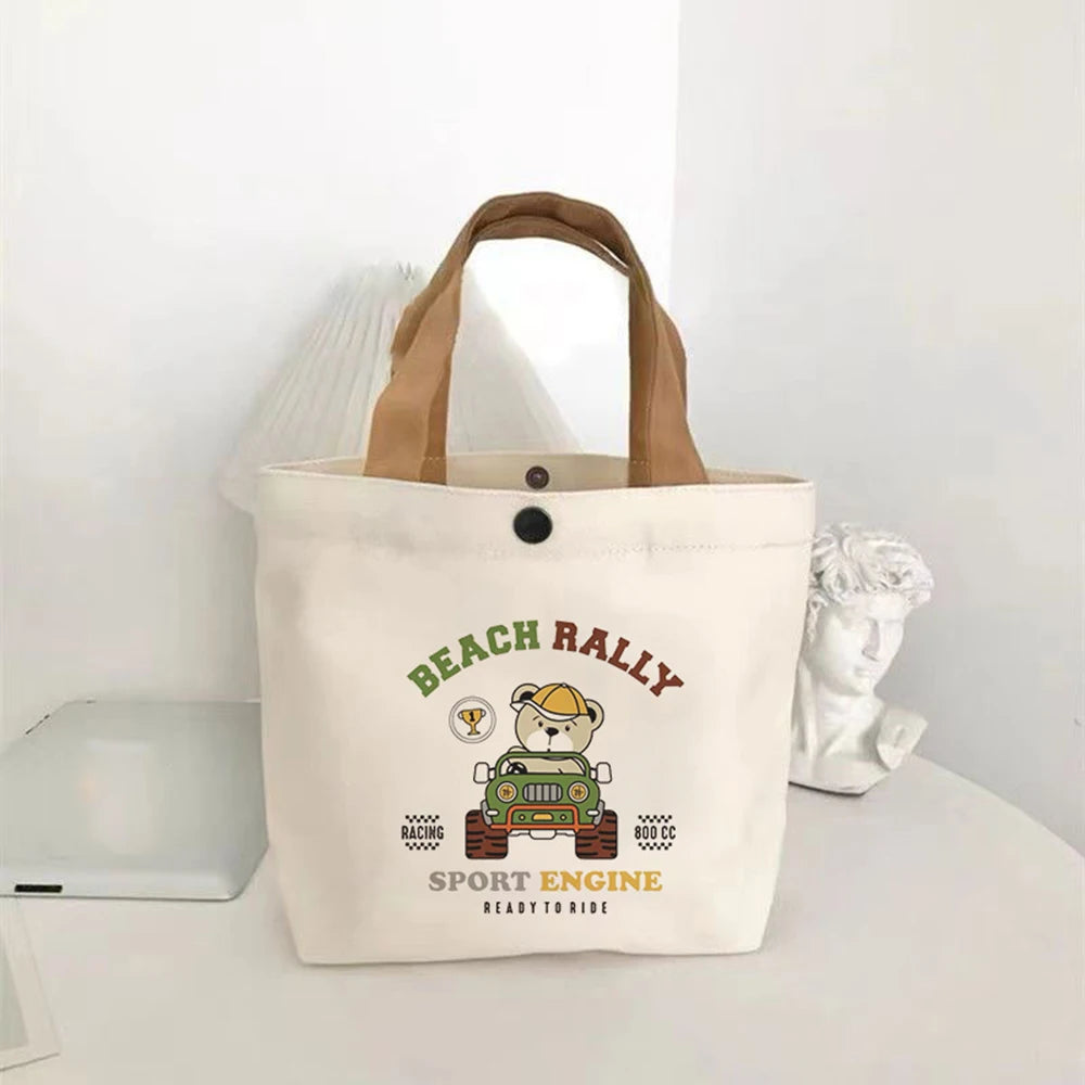 Cute Bear Small Versatile Handbag Mini Canvas Bag Female Student Lunch Box Bag Simple Tote Bag Office Worker Lunch Bag